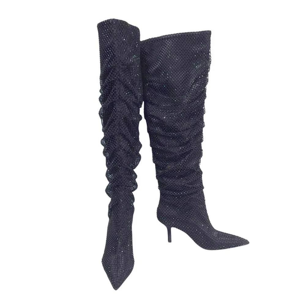 Madden Girl Sashaa Slouchy Over Knee Boot‎ Sz 6.5 Rhinestones Stilettos Fishnet